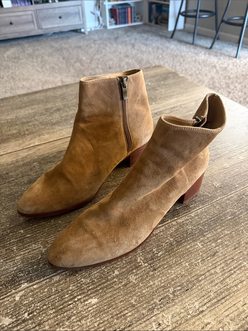 J. Crew taupe pointy toe ankle booties with heel and inside zippers